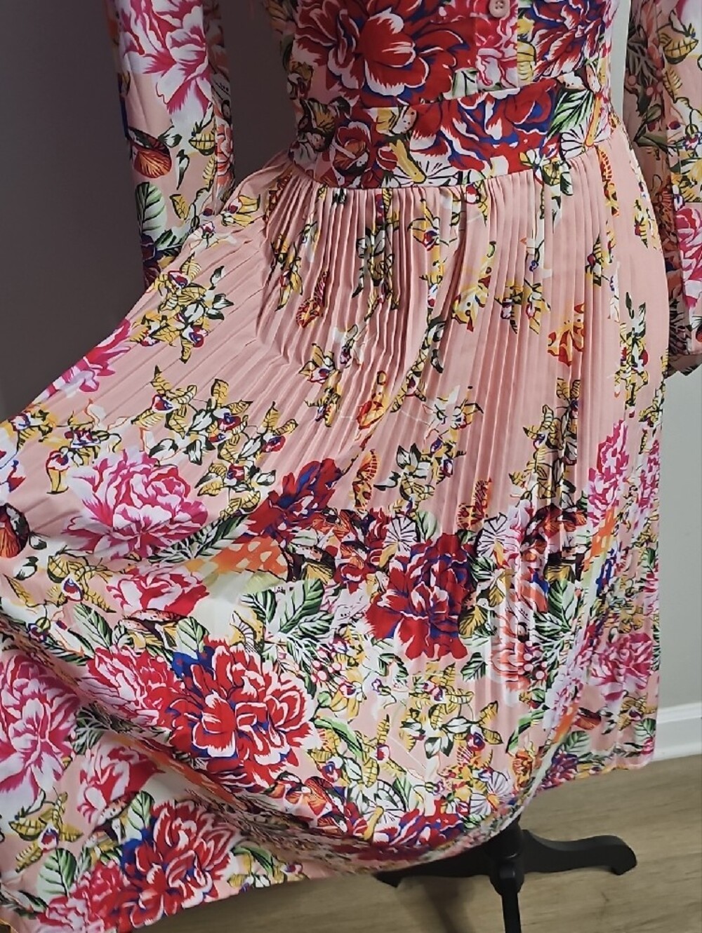 Floral Pink Pleated Shirt Dress - Picture 3 of 8